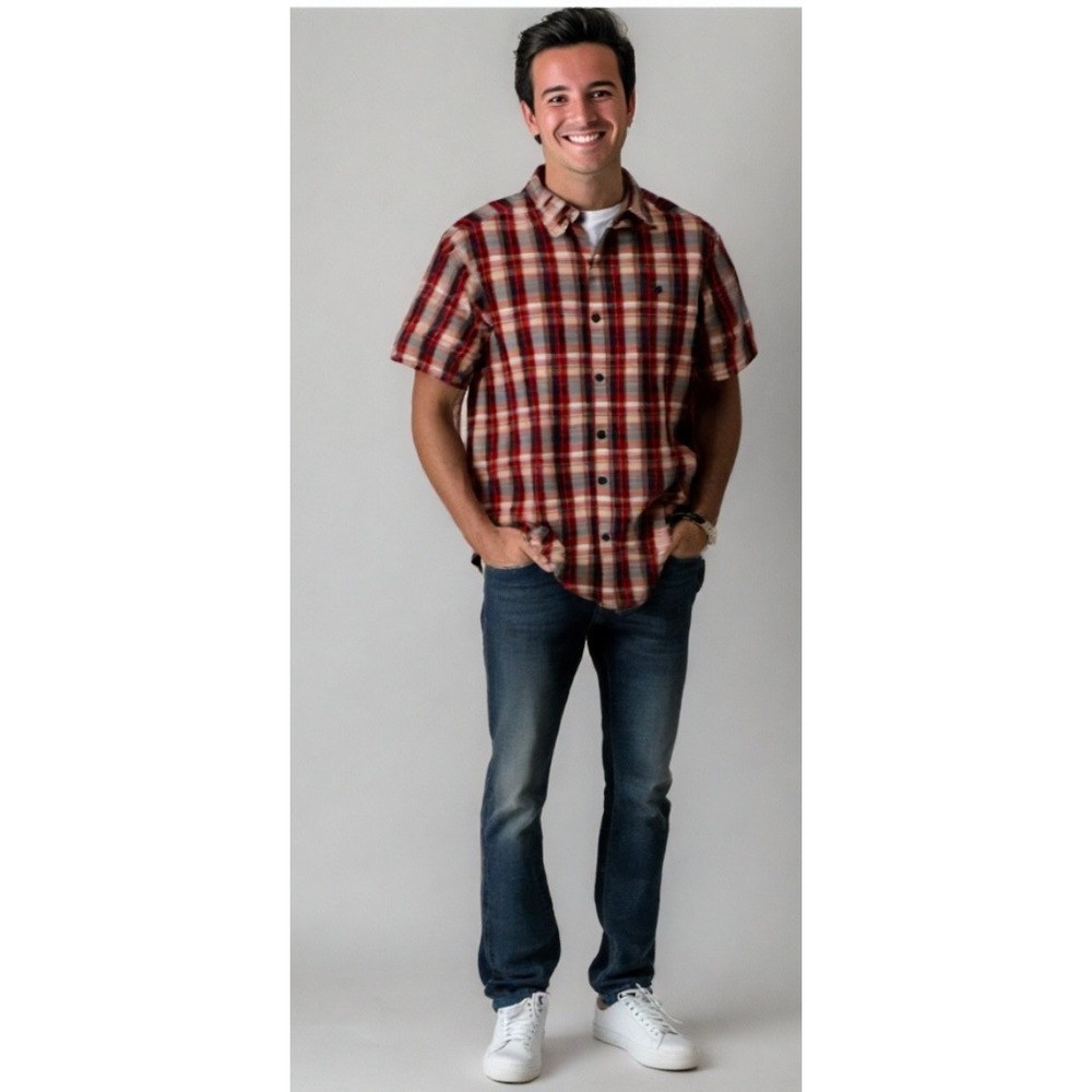 Mens Columbia Plaid Short Sleeve Shirt Cotton Pocket Red Size Medium